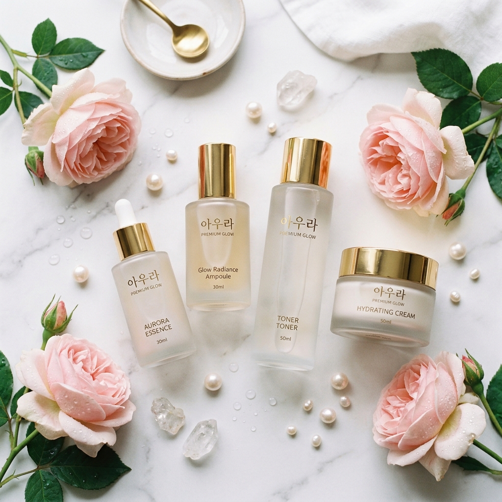 Lumière skincare product collection on marble surface