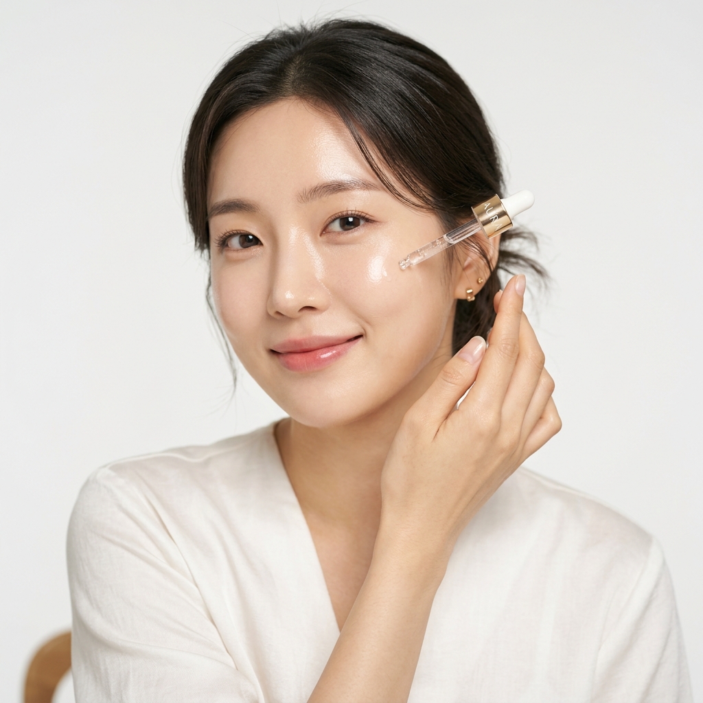 Woman applying Lumière skincare serum with glowing skin